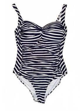 Nip tuck women’s swimsuit build in bra navy blue white striped ruching us Sz 8